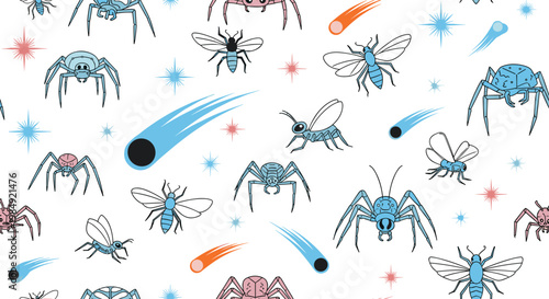 Whimsical seamless pattern featuring celestial insects like spiders and beetles among flying comets and stars in a fun outer space theme.