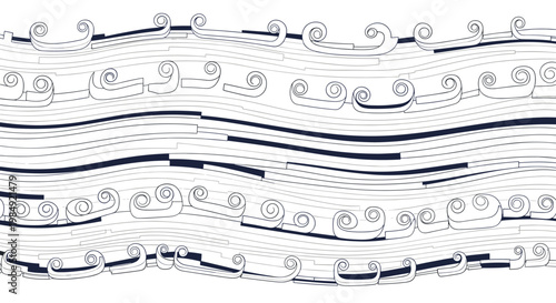Abstract line art illustration featuring stylized ocean waves with curls and swirls in a minimalist graphic design style with dark outlines.