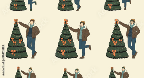 Festive seamless pattern of a man in winter clothes decorating a green Christmas tree with red bows on a cream background for holiday themes.
