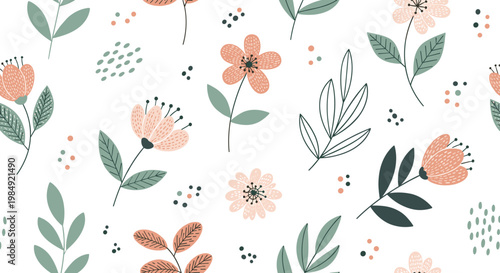 Elegant seamless pattern of simple hand-drawn flowers and leaves in muted pink and green tones with decorative dots on a white background.