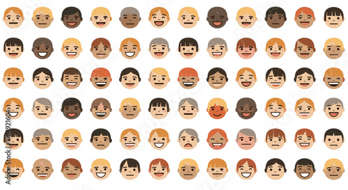 Large collection of diverse human faces representing various ethnicities, ages, and expressions arranged in a neat grid for social inclusion.