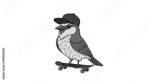 Cool bird character confidently riding a skateboard while wearing a black baseball cap turned sideways for a stylish urban street look.