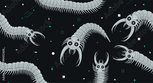 Surreal seamless pattern featuring large white centipedes floating through a dark space background with stars and geometric shapes.