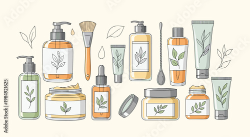Comprehensive set of organic skin care and beauty products featuring lotions, creams, oils, and brushes decorated with natural leaf motifs.
