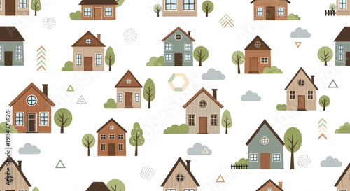 Charming seamless pattern featuring a variety of cozy wooden houses, green trees, and soft clouds in a modern Scandinavian village style.