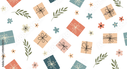 Cheerful seamless pattern featuring colorful wrapped gift boxes, delicate flowers, and green leaves for a festive and celebratory atmosphere.