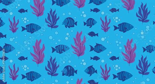 Vibrant underwater pattern featuring dark blue fish swimming among tall purple seaweed and bubbles against a solid blue sea background.