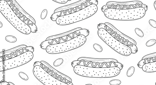 Appetizing seamless pattern showing delicious hot dogs with mustard and sesame seed buns scattered across a clean white background.