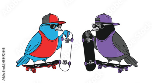 Pair of trendy birds on skateboards wearing baseball caps and sunglasses while holding extra skate decks for an active urban lifestyle.