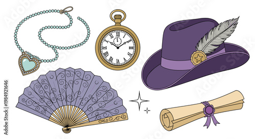 Collection of elegant vintage accessories including a purple feathered hat, a pocket watch, a heart necklace, a hand fan, and a sealed scroll.
