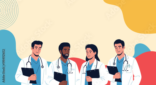 Diverse group of medical professionals including two men and one woman standing together in their clinical white coats with stethoscopes.