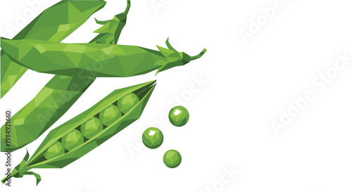 Fresh green pea pods shown in a low poly geometric style with several individual round peas resting beside them on a white background.