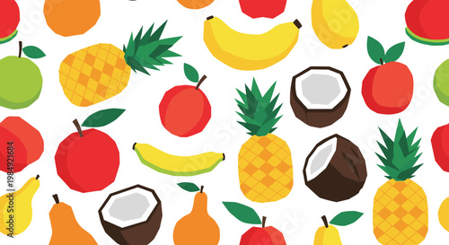 Colorful and vibrant seamless pattern featuring a variety of tropical fruits like pineapples, bananas, apples, coconuts, and pears.