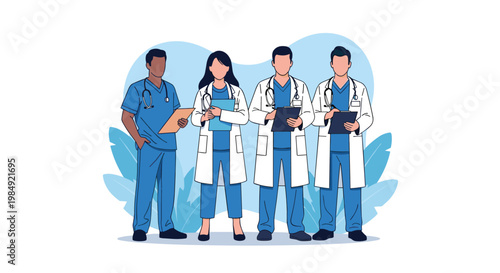 Professional team of diverse healthcare workers including doctors and nurses in their uniforms while holding patient medical records and clipboards.