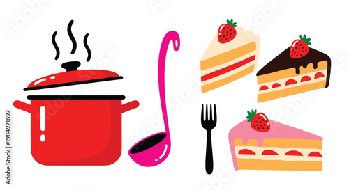 Cooking pot and kitchen utensils are shown alongside delicious slices of strawberry cake in this food preparation illustration.