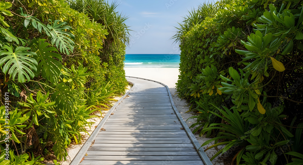 Fototapeta premium Serene tropical path leading to a tranquil beach view amidst lush greenery illustration