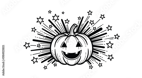 Joyful jack o lantern pumpkin surrounded by stars and rays in a bold black and white line art style for Halloween.