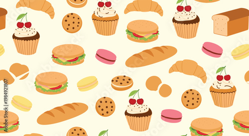 Assorted bakery items pattern featuring bread cupcakes croissants and macarons on a light cream background for cafes.