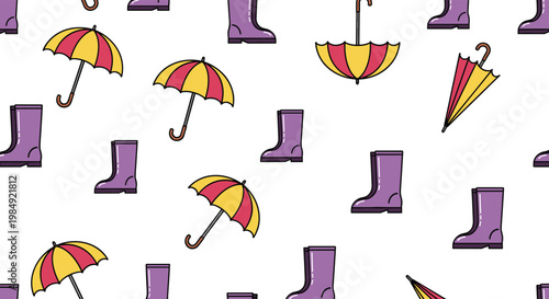 Seasonal seamless pattern of purple rain boots and colorful umbrellas on a white background for rainy day themes.