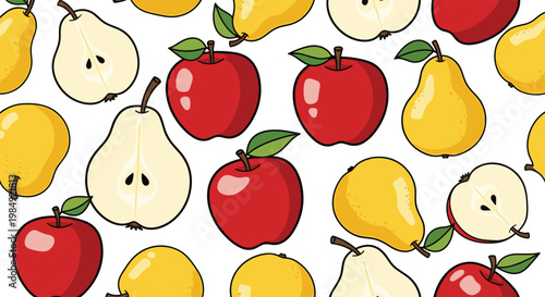 Vibrant seamless pattern of fresh red apples and yellow pears both whole and halved on a clean white background.