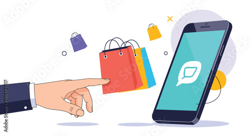 Hand reaching out to touch colorful shopping bags floating next to a smartphone screen for online retail concept.