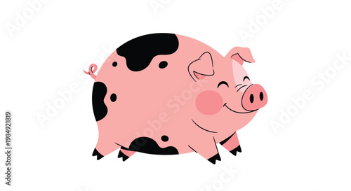 Adorable pink pig with black spots and a smiling face is shown walking in this friendly animal character illustration.