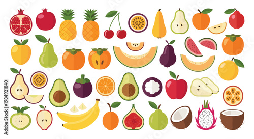 Large collection of colorful flat fruit icons including tropical, citrus, and berry varieties on a white background.