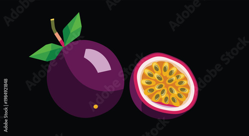 Ripe passion fruit shown whole and cut in half to reveal seeds and pulp against a solid black background for food concept.