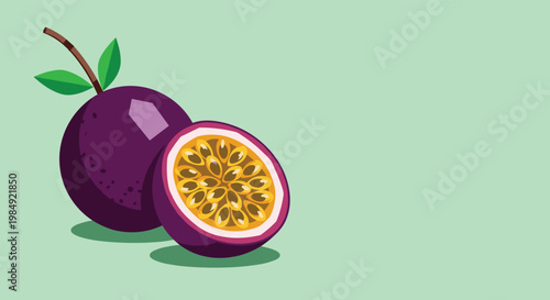 Illustration of a whole passion fruit and a half cut fruit showing its seeds and pulp on a pale green background.