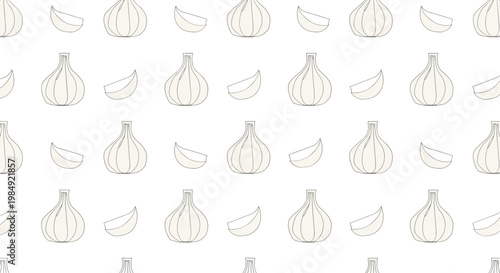 Seamless pattern of whole garlic bulbs and single cloves in a hand drawn minimalist style on a white background.
