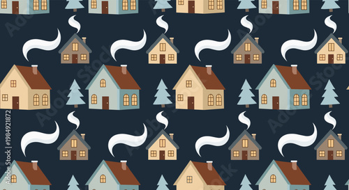 Seamless pattern of cozy houses with smoke coming from chimneys and snowy pine trees on a dark winter night background.