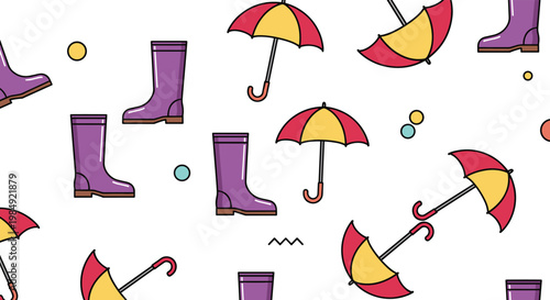 Playful seamless pattern featuring colorful umbrellas, purple rubber boots, and dots on a clean white background.
