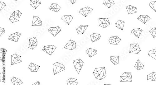 Minimalist seamless pattern featuring various geometric diamond shapes in black dashed line art on a white background.