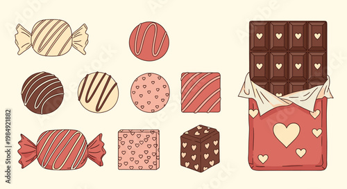 Collection of various gourmet chocolates, truffles, and an open chocolate bar with decorative hearts on cream background.