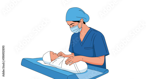 Medical professional in blue scrubs and mask carefully tending to a swaddled newborn baby on a changing table.