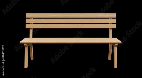 A wooden bench, crafted from light-colored wood, sits isolated against a black backdrop