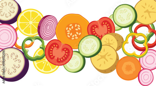 Fresh Vegetable Slice Composition with Tomato, Cucumber, Onion, Potato, Carrot, Eggplant, and Bell Pepper for Healthy Food Design and Organic Cooking Concepts