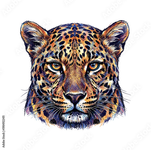 Vibrant leopard face illustration with colorful, detailed fur and piercing eyes