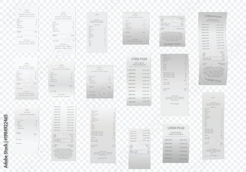 Many receipts, bills, and invoices scattered on transparent background. vector template for financial document design.