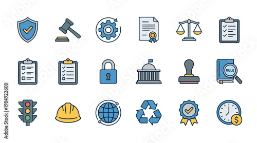 Legal and business icons representing law and compliance.