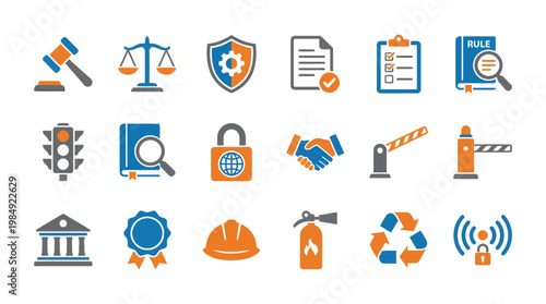 Legal Justice Icons Representing Law and Court.