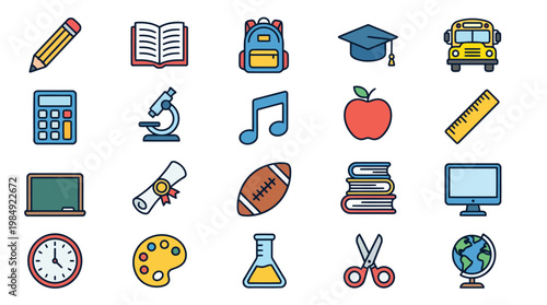 Educational icons set representing school learning tools.