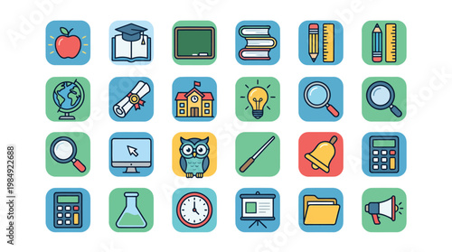 Education icons set focusing on learning symbols.