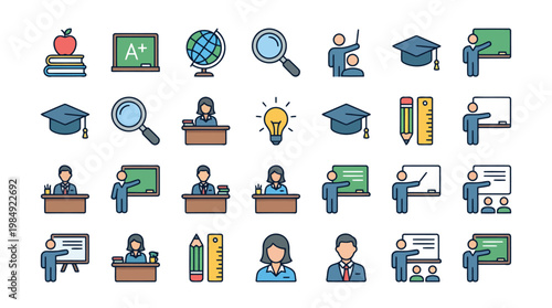 Collection of education and learning icons illustration.