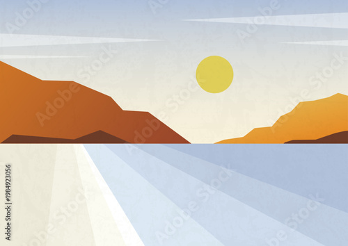 Mountains far away. View from the ocean. Blue sea landscape with silhouette of mountains on the horizon