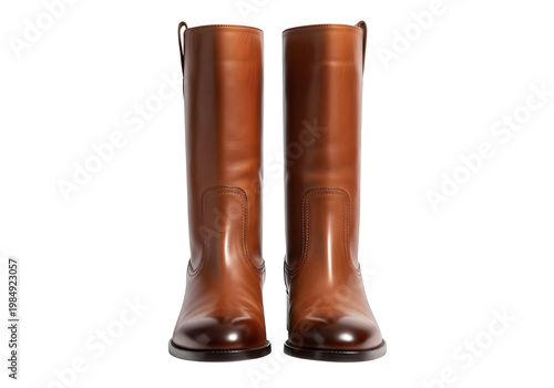 A pair of tall brown leather riding boots with a shiny finish isolated on transparent background