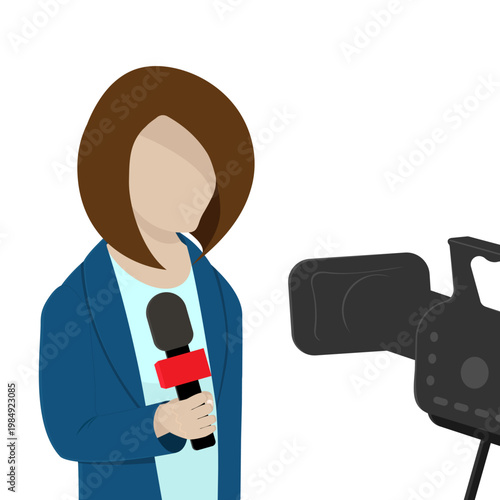 A journalist with a microphone is reporting. White background.