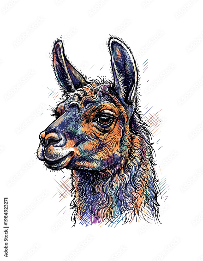 Fototapeta premium Vibrant, colorful llama portrait with a unique artistic sketch style