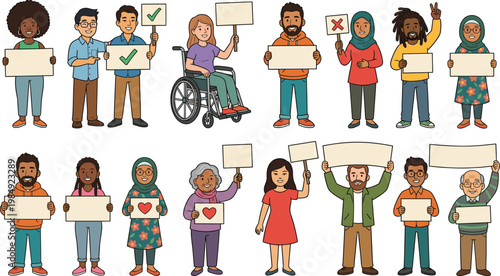 Diverse Group of People Holding Empty Banners and Signs for Protest or Announcement, Flat Vector Illustration