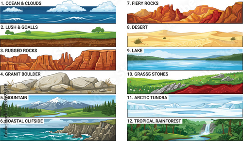 Set of Game Landscape Backgrounds with Different Biomes Including Desert, Mountain, and Tropical Rainforest, Flat Vector Illustration